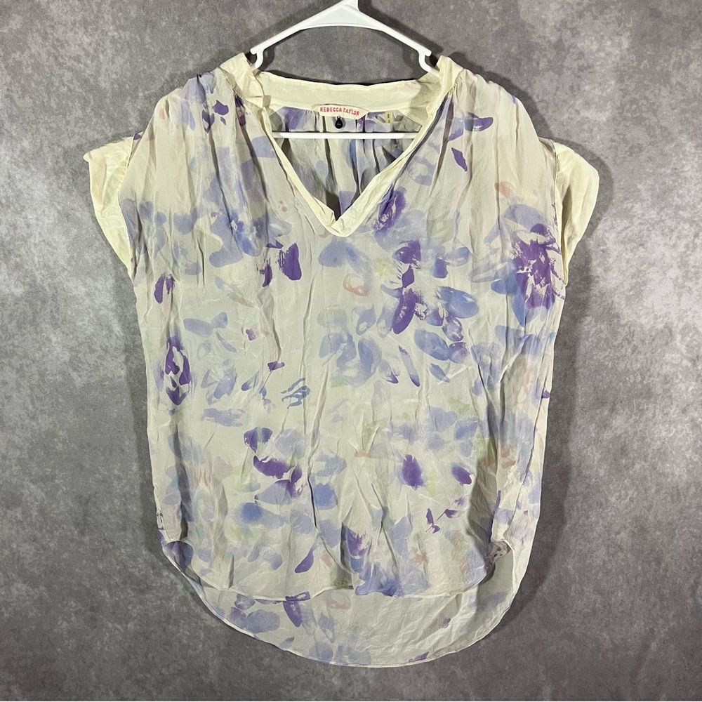 Rebecca Taylor Silk Blouse Women 6 Cream Purple Watercolor Floral V-Neck‎ Top
